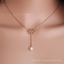 Acier inoxydable creux découpe Out Rose or placage perle Lotus pendentif collier